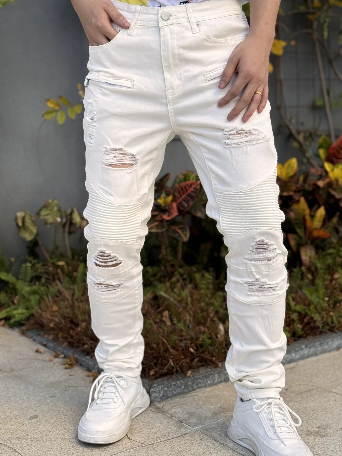 Fashionable Men's Jeans Cool and Stylish Hip Hop Style Casual Pants White Cotton Blended Fabric Breathable and Comfortable
